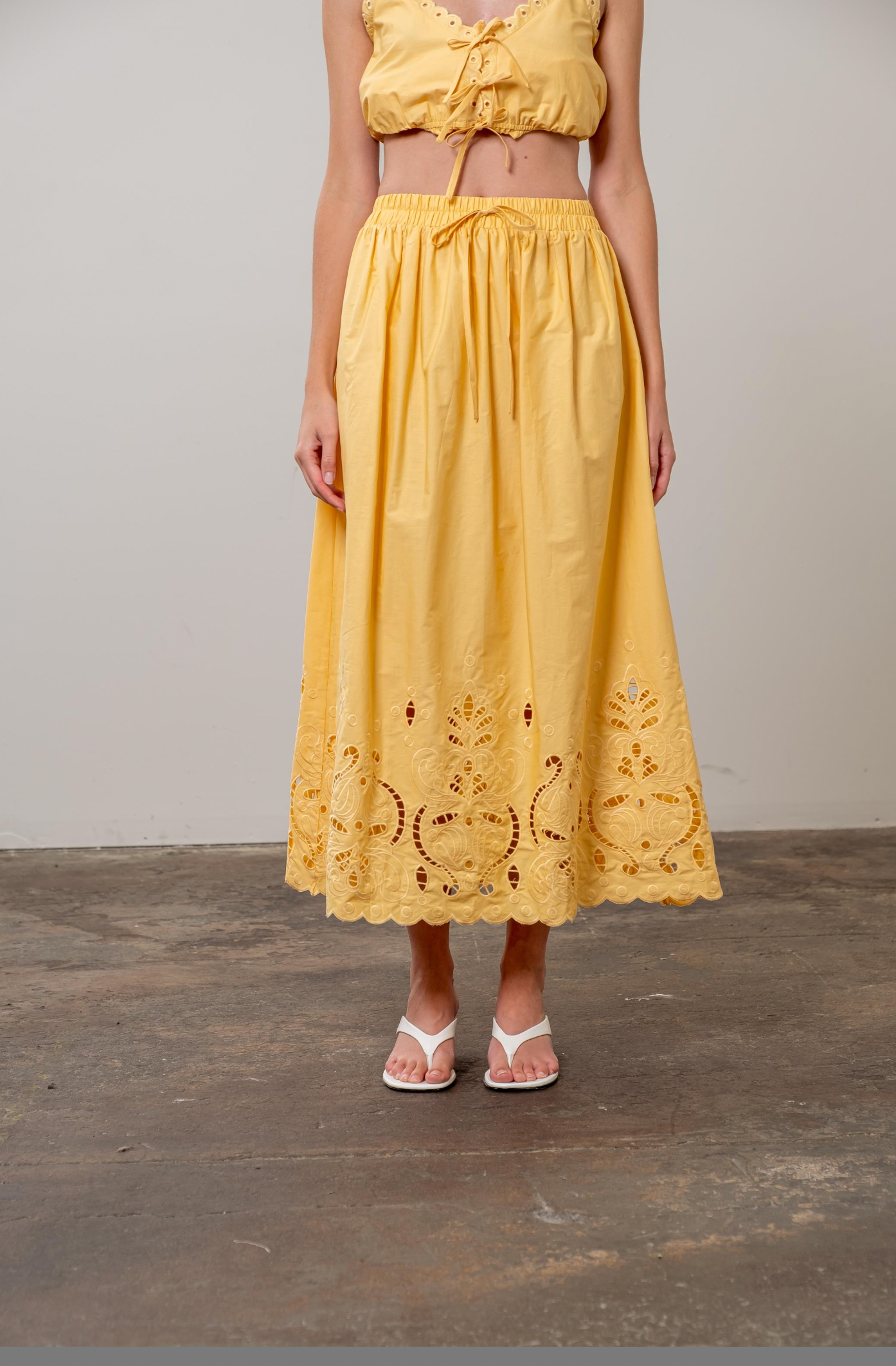 Yellow Eyelet Midi Skirt