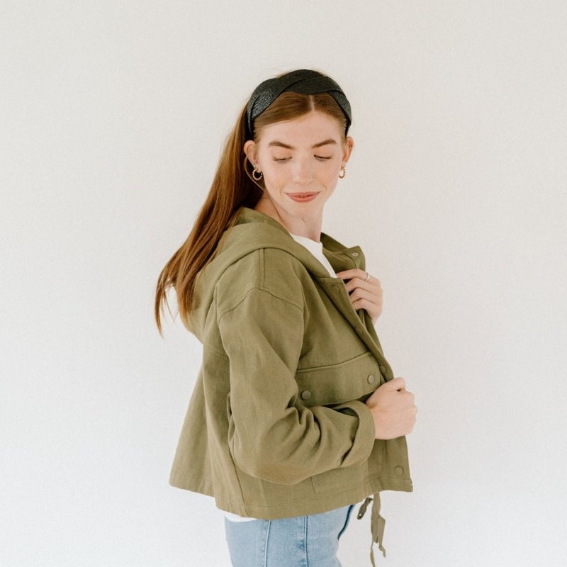 Olive Oversized Snap Button Hoodie Crop Jacket