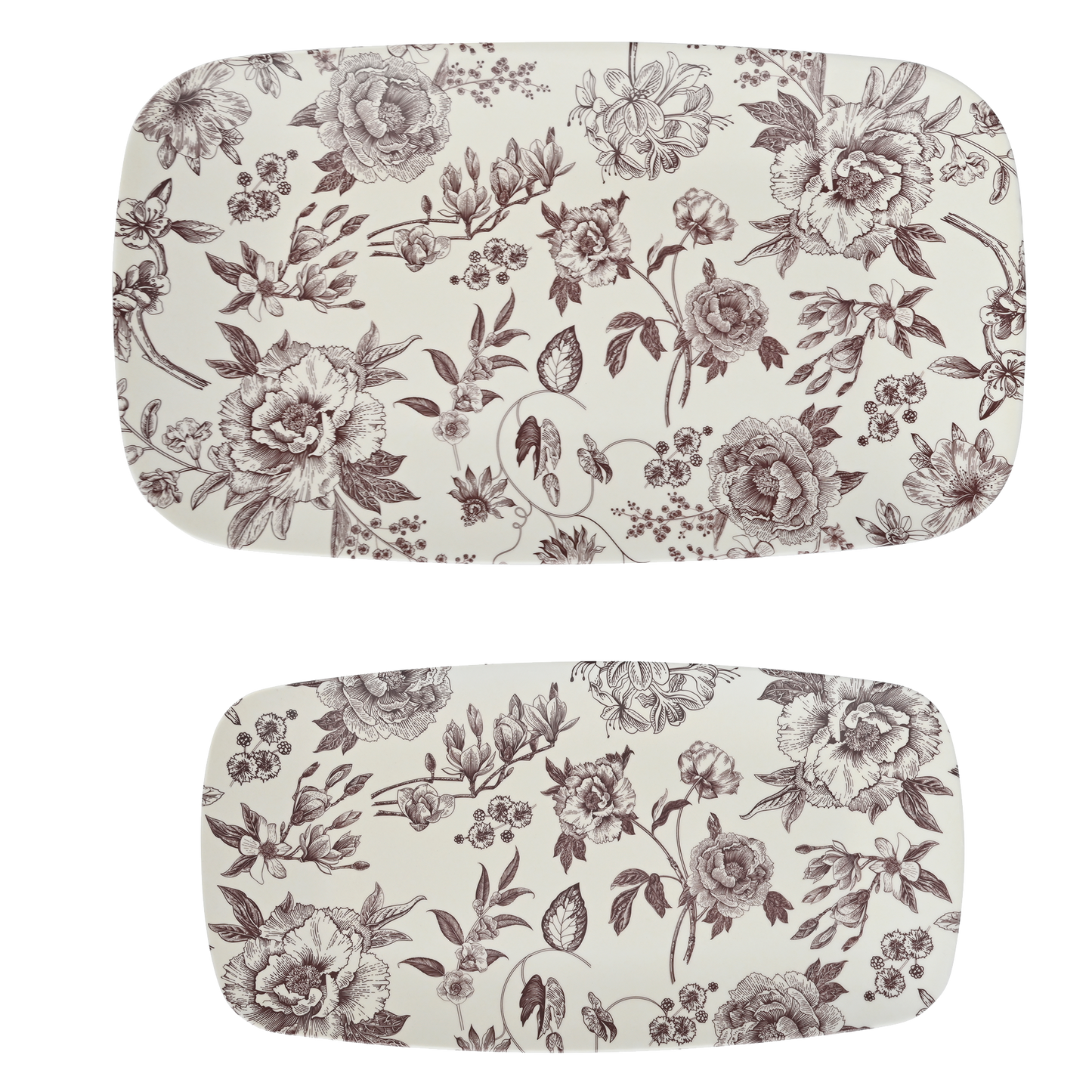 Set of two Brown Delft melamine serving trays with vintage floral pattern displayed for fall entertaining and kitchen décor.