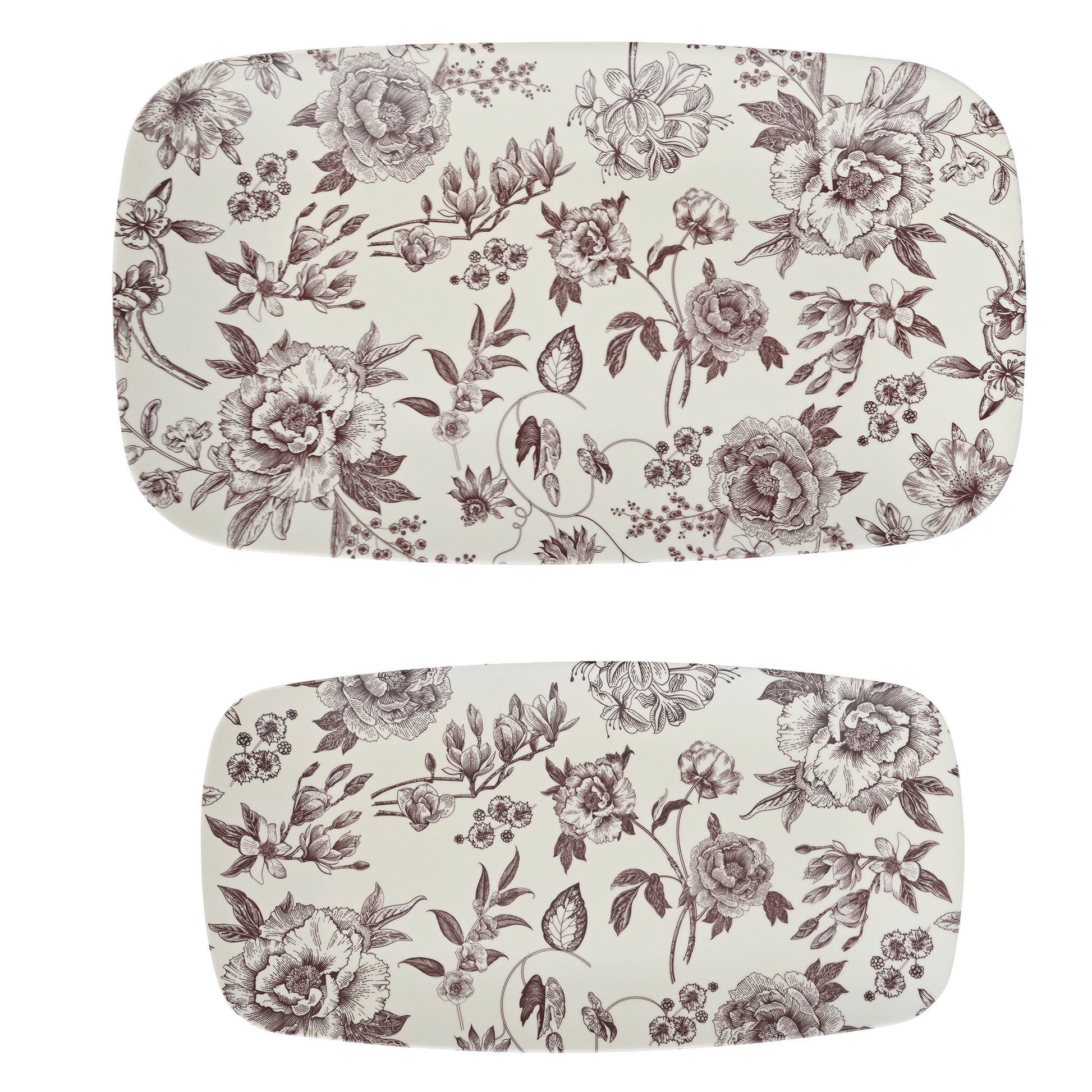 Set of two Brown Delft melamine serving trays with vintage floral pattern displayed for fall entertaining and kitchen décor.