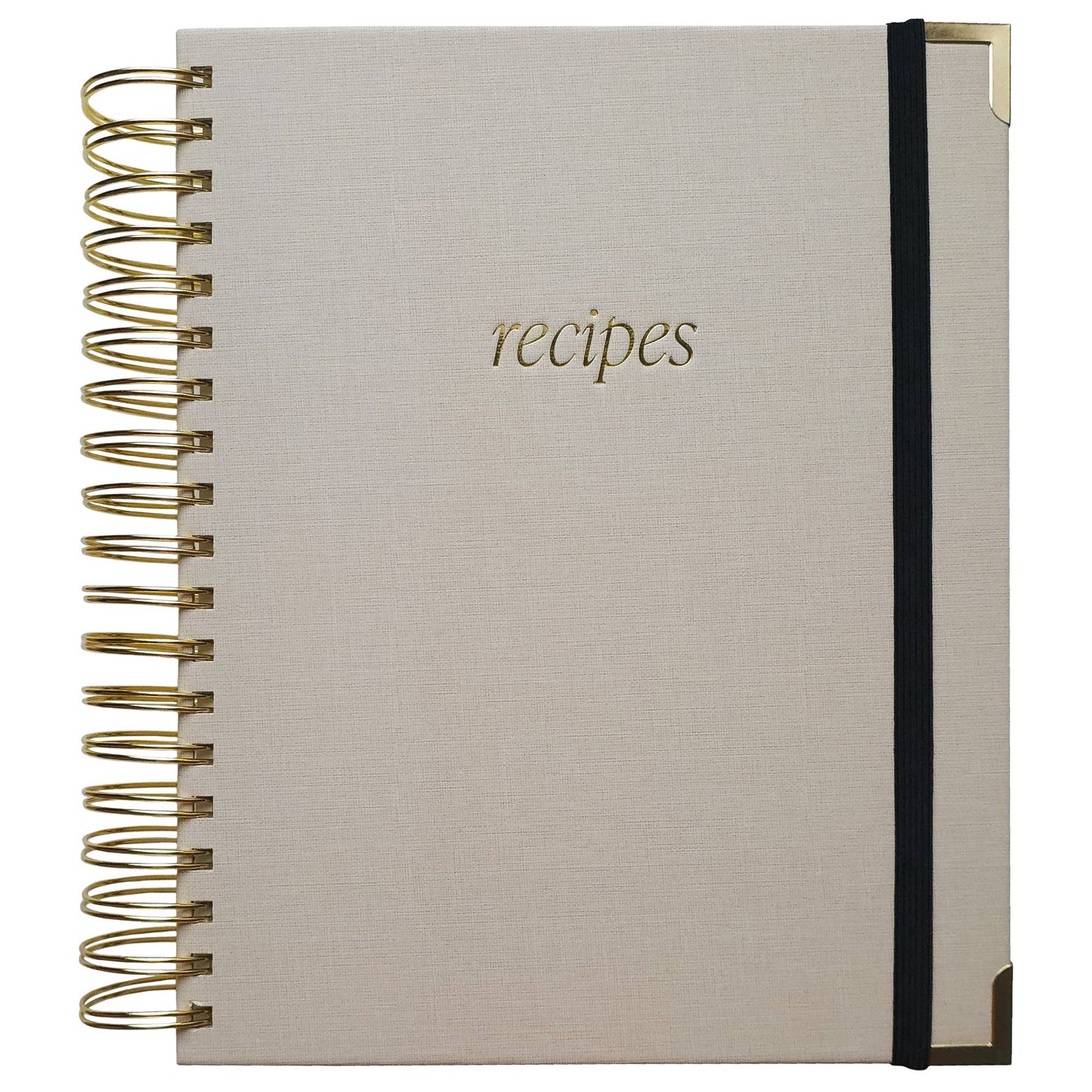 Cookbook with 'recipes' on the cover, gold spiral binding, and black band.