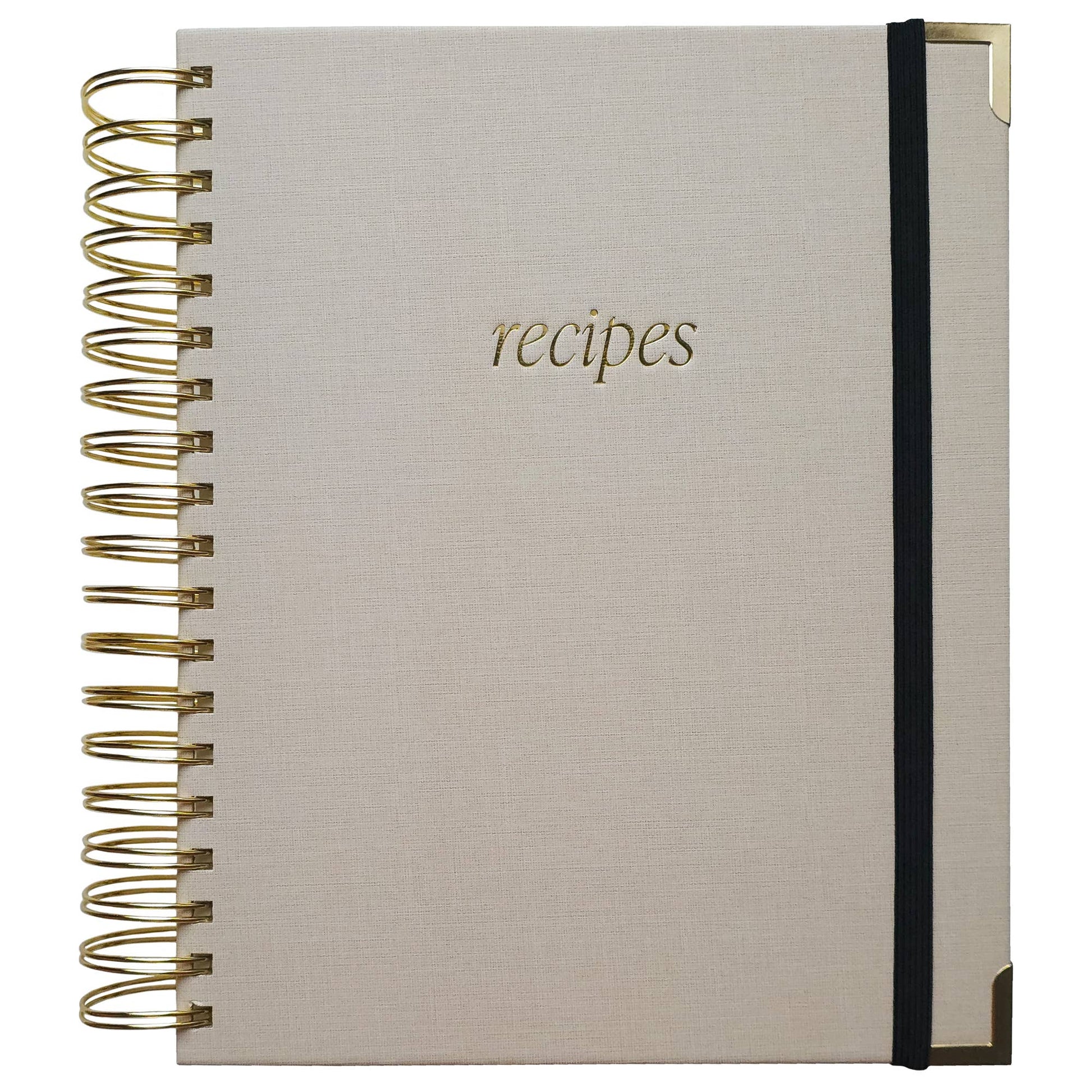 Cookbook with 'recipes' on the cover, gold spiral binding, and black band.