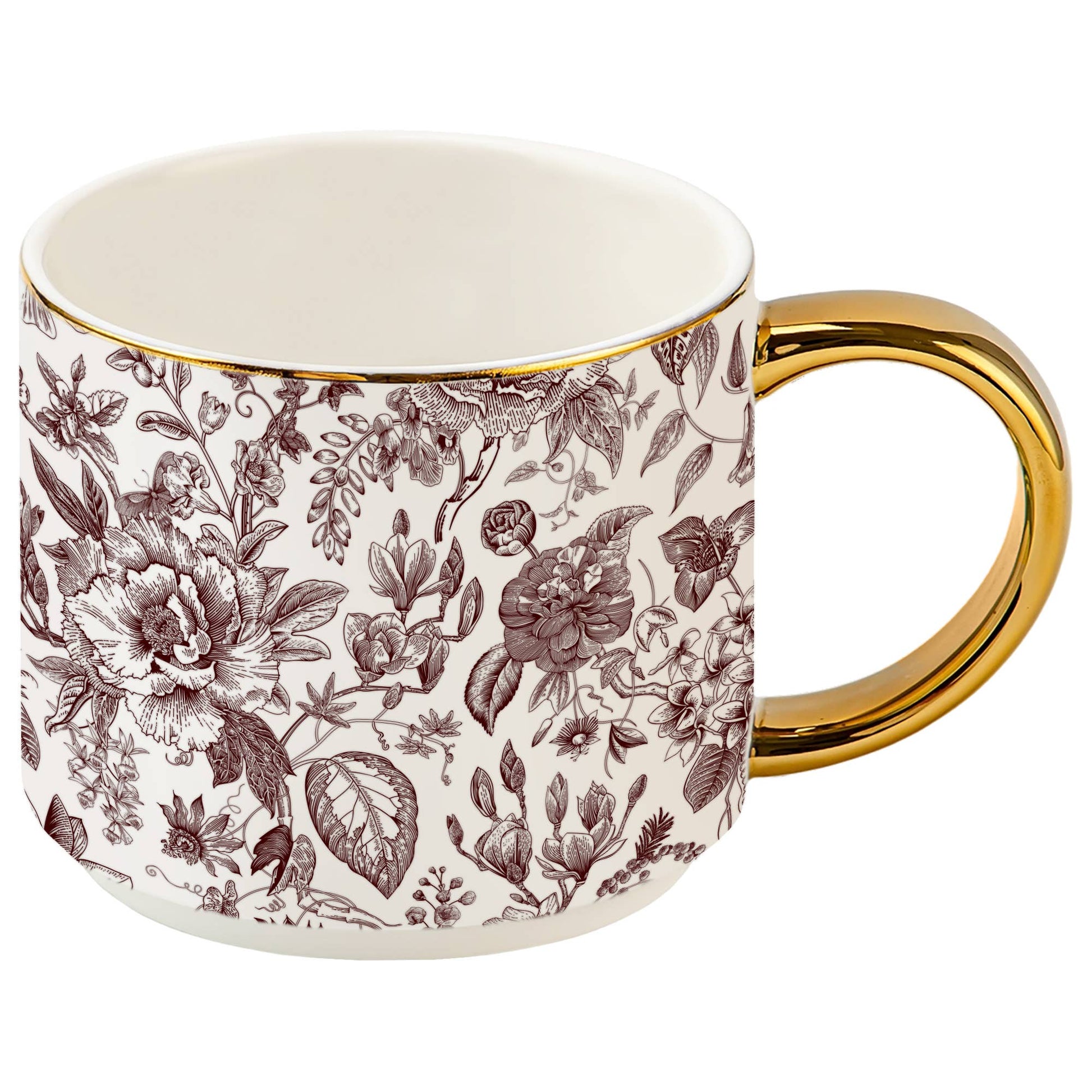 Brown Delft fine bone china coffee mug with vintage floral pattern and elegant gold handle styled for a cozy kitchen and coffee bar.