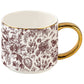 Brown Delft fine bone china coffee mug with vintage floral pattern and elegant gold handle styled for a cozy kitchen and coffee bar.