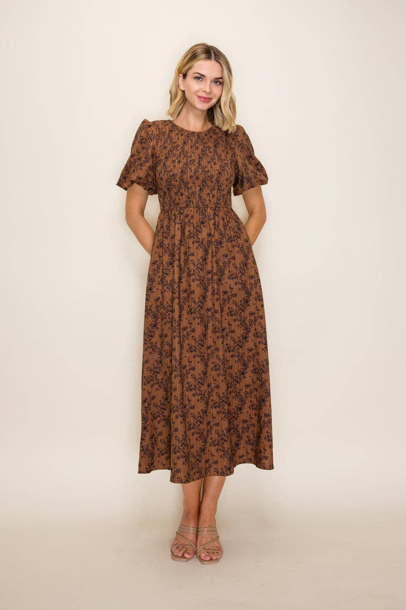 The Elowen brown floral midi dress with smocked bodice and puff sleeves