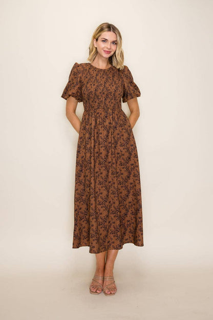 The Elowen brown floral midi dress with smocked bodice and puff sleeves
