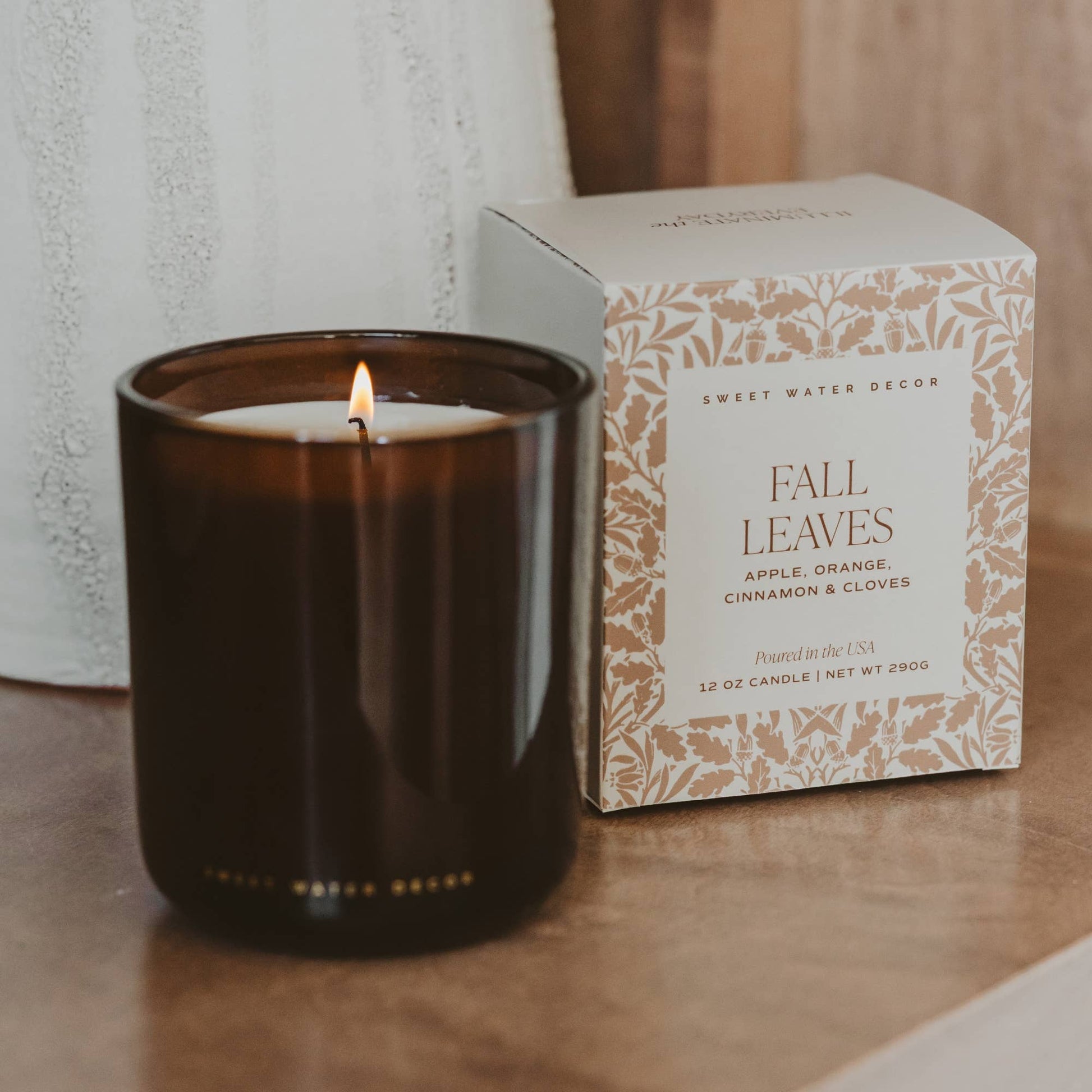Fall Leaves Soy Candle in amber glass jar with warm apple cinnamon fragrance by Riah Jane & Co.