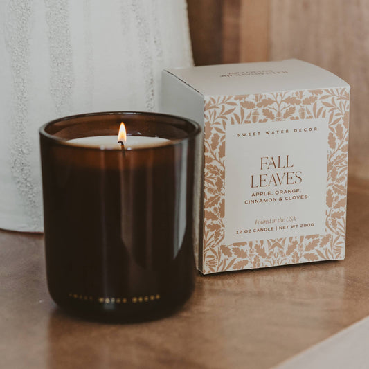 Fall Leaves Soy Candle in amber glass jar with warm apple cinnamon fragrance by Riah Jane & Co.