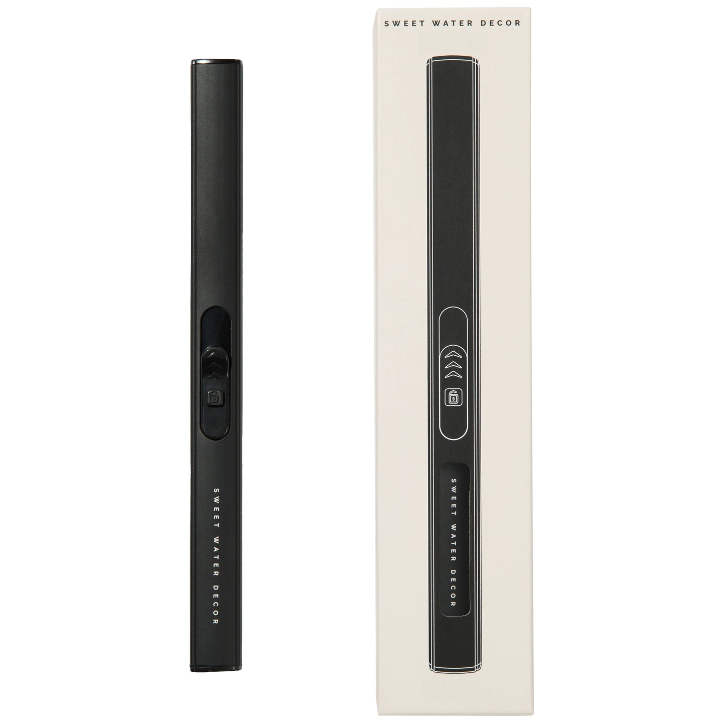 A black Sweet Water Decor electric cigarette lighter shown next to its cream-colored retail packaging box on a plain white background.