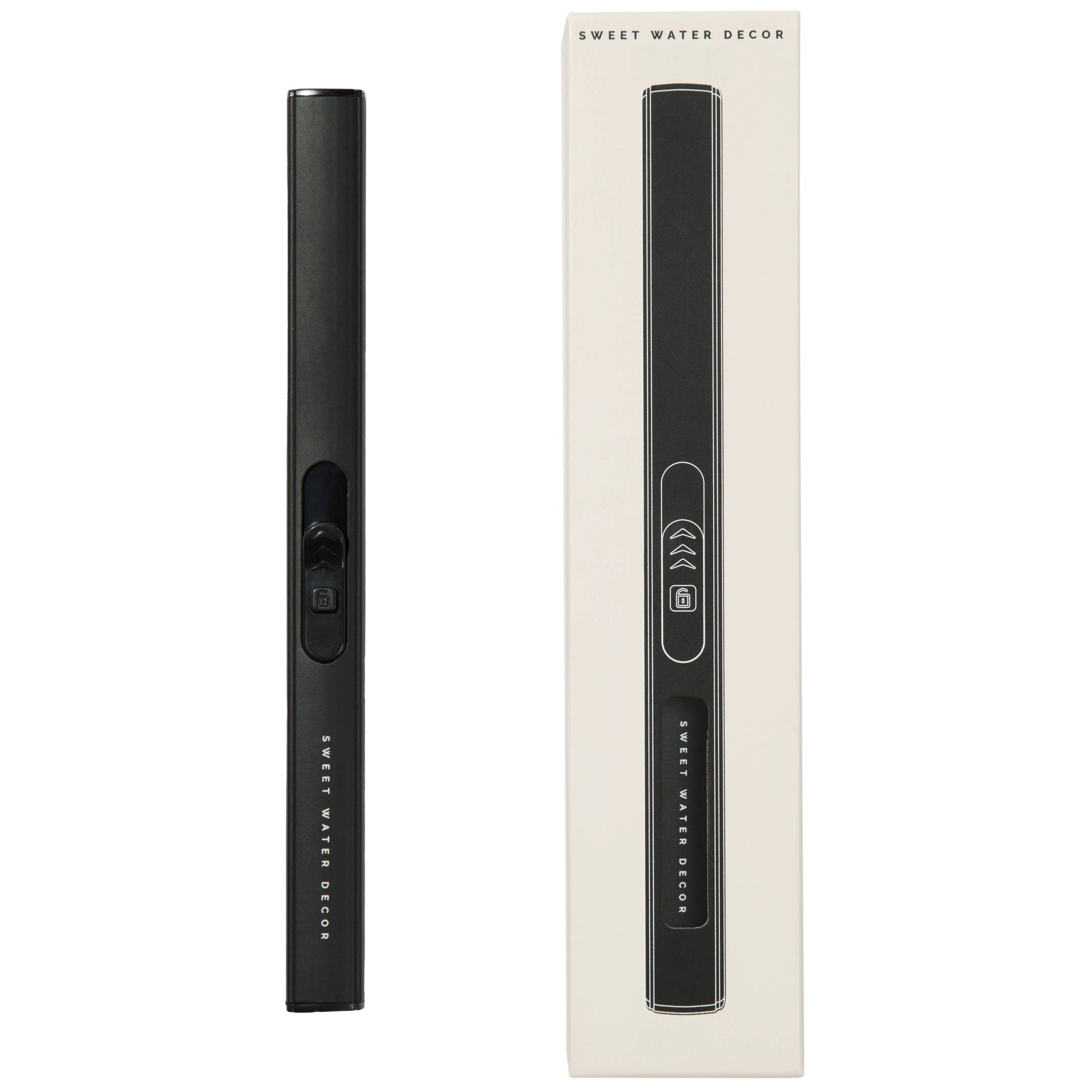 A black Sweet Water Decor electric cigarette lighter shown next to its cream-colored retail packaging box on a plain white background.