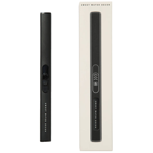 A black Sweet Water Decor electric cigarette lighter shown next to its cream-colored retail packaging box on a plain white background.
