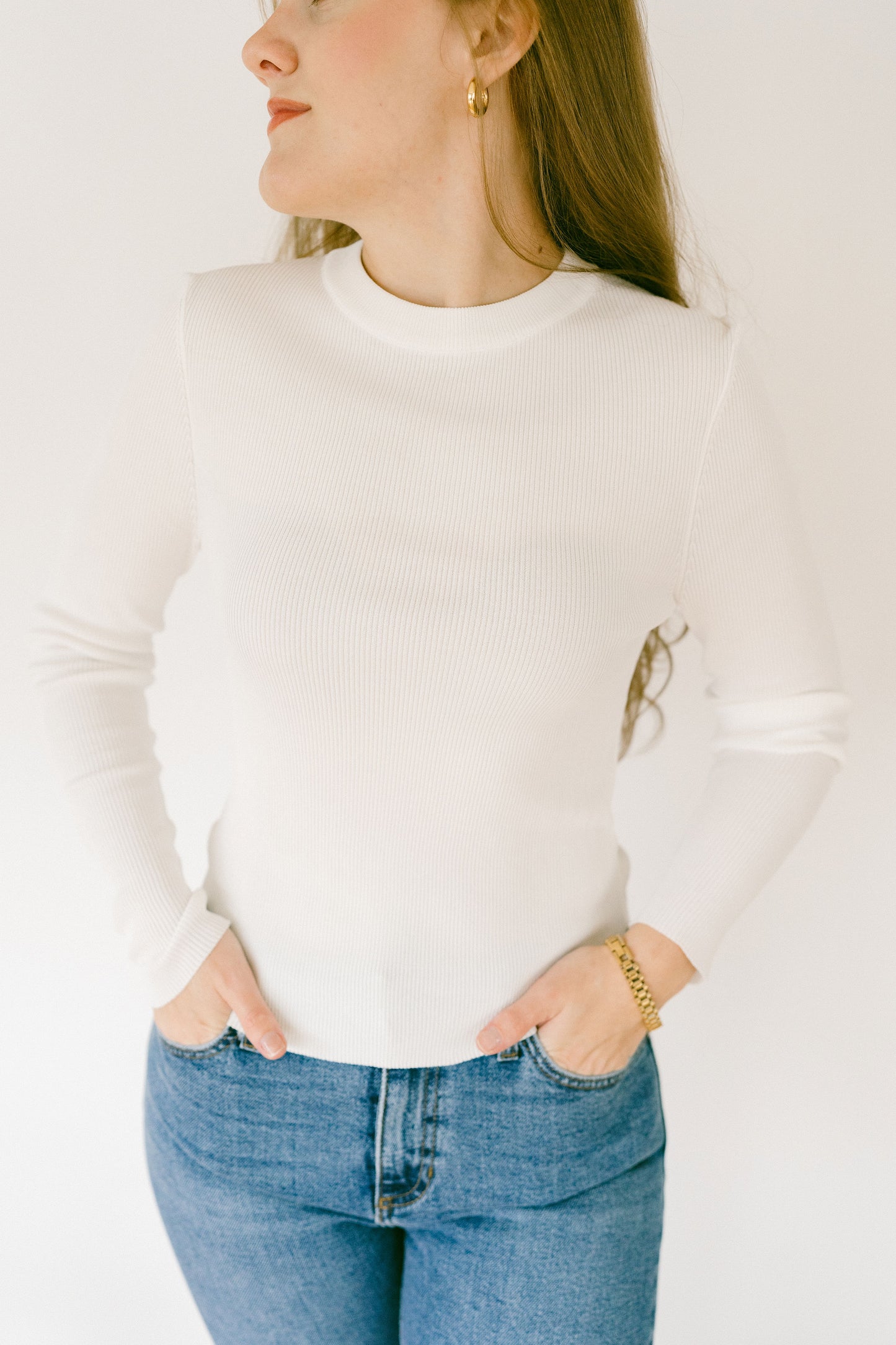 White Ribbed Long Sleeve Basic Top