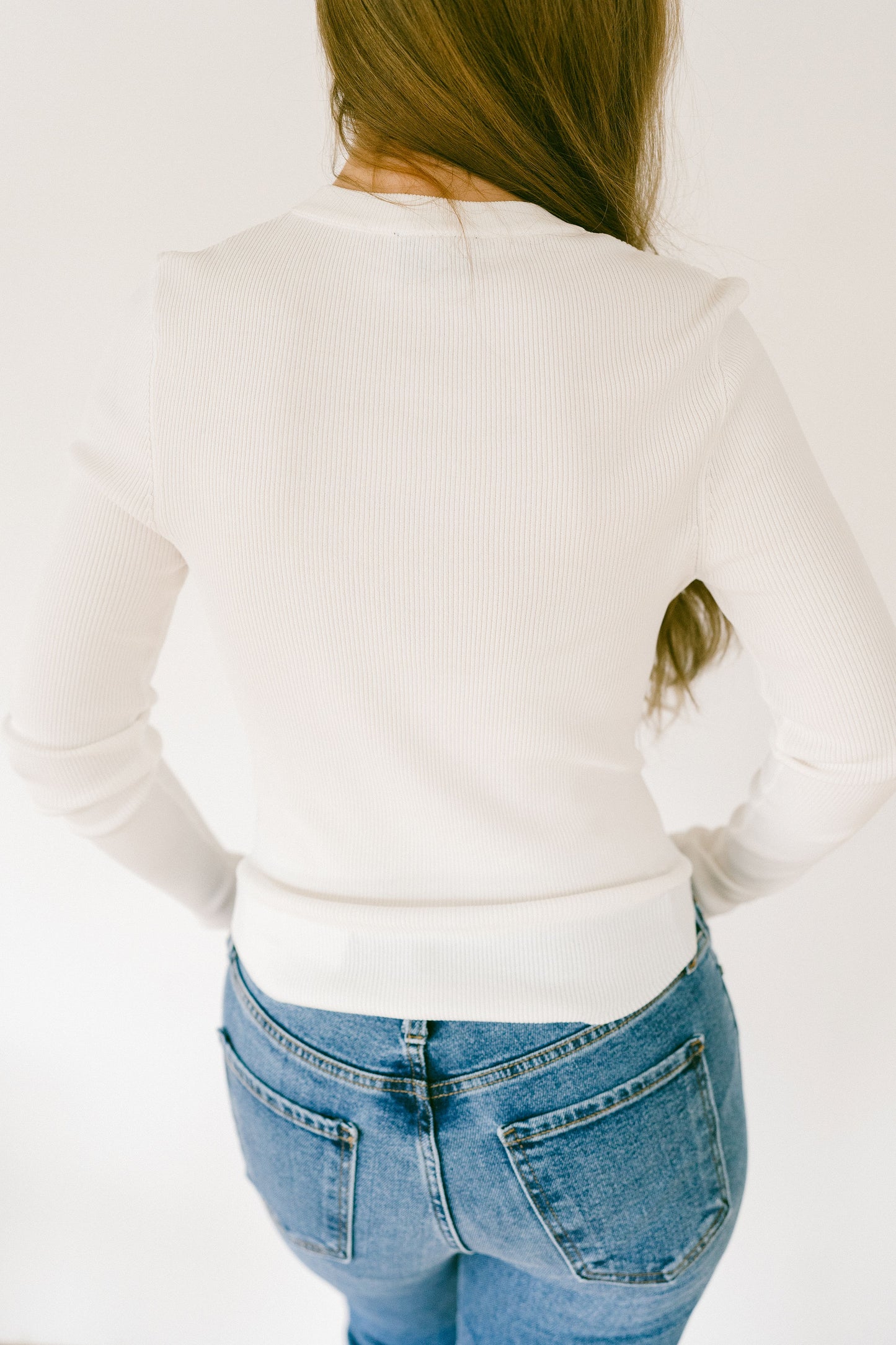 White Ribbed Long Sleeve Basic Top