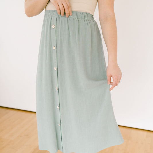Botanical Midi Skirt W Buttons: SEA FOAM-FINAL SALE