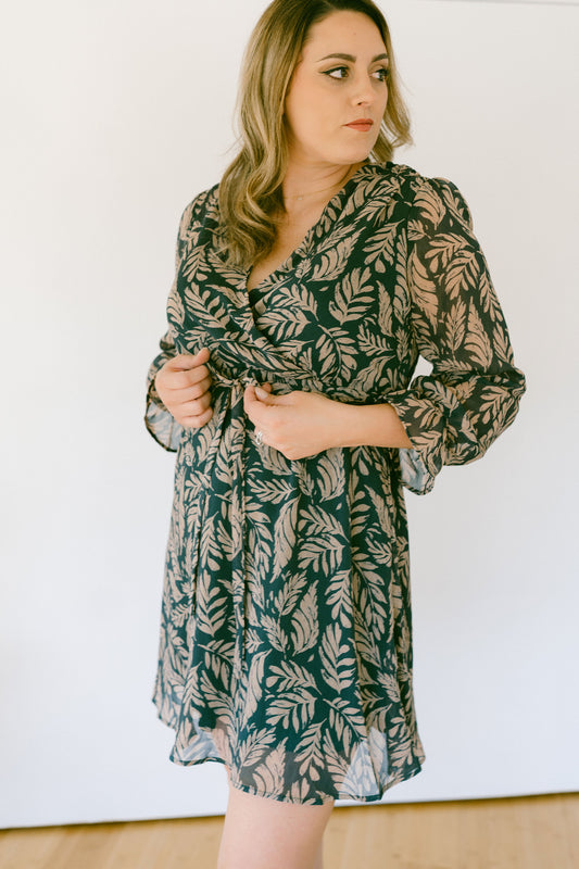 Effortless Long Sleeve Green Taupe-Leaf Midi Dress