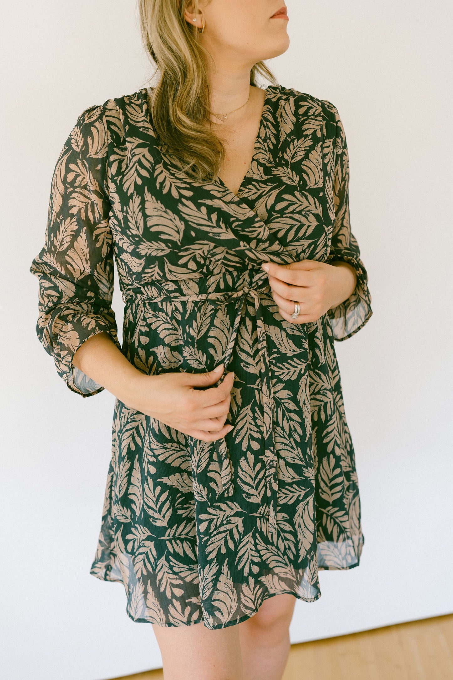 Effortless Long Sleeve Green Taupe-Leaf Midi Dress