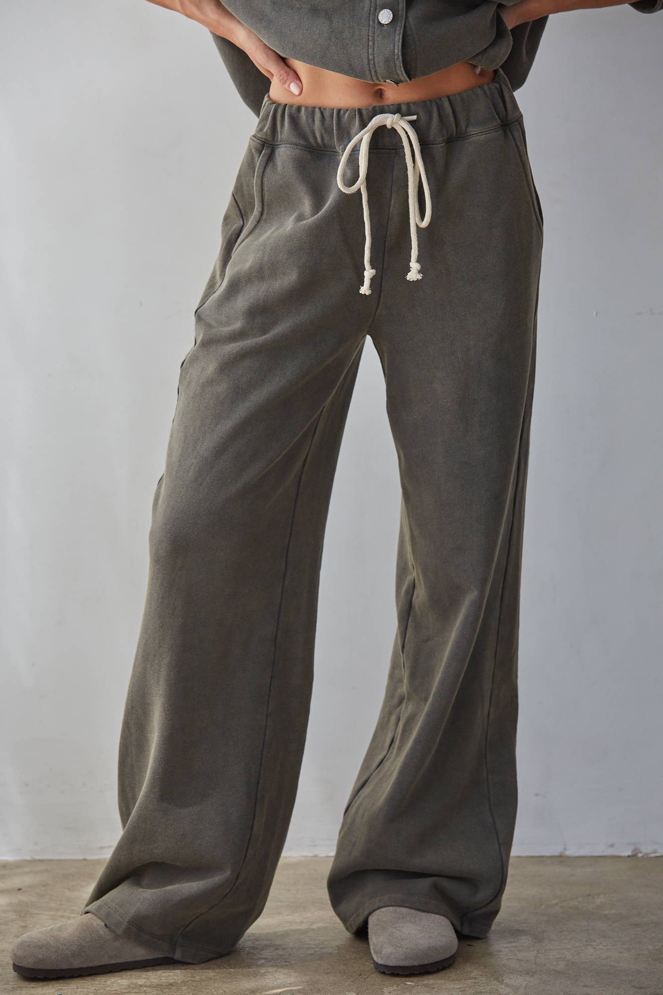 The Wren women's cotton knit wide leg pants with drawstring waist and pockets