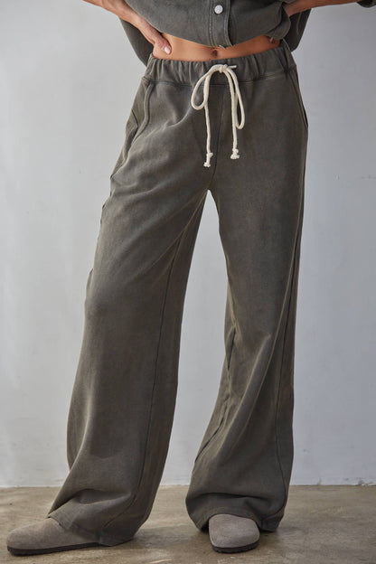 The Wren women's cotton knit wide leg pants with drawstring waist and pockets