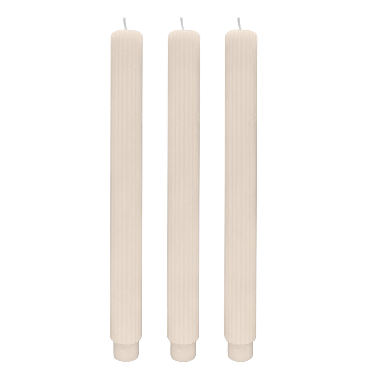 Three beige candles on a white background