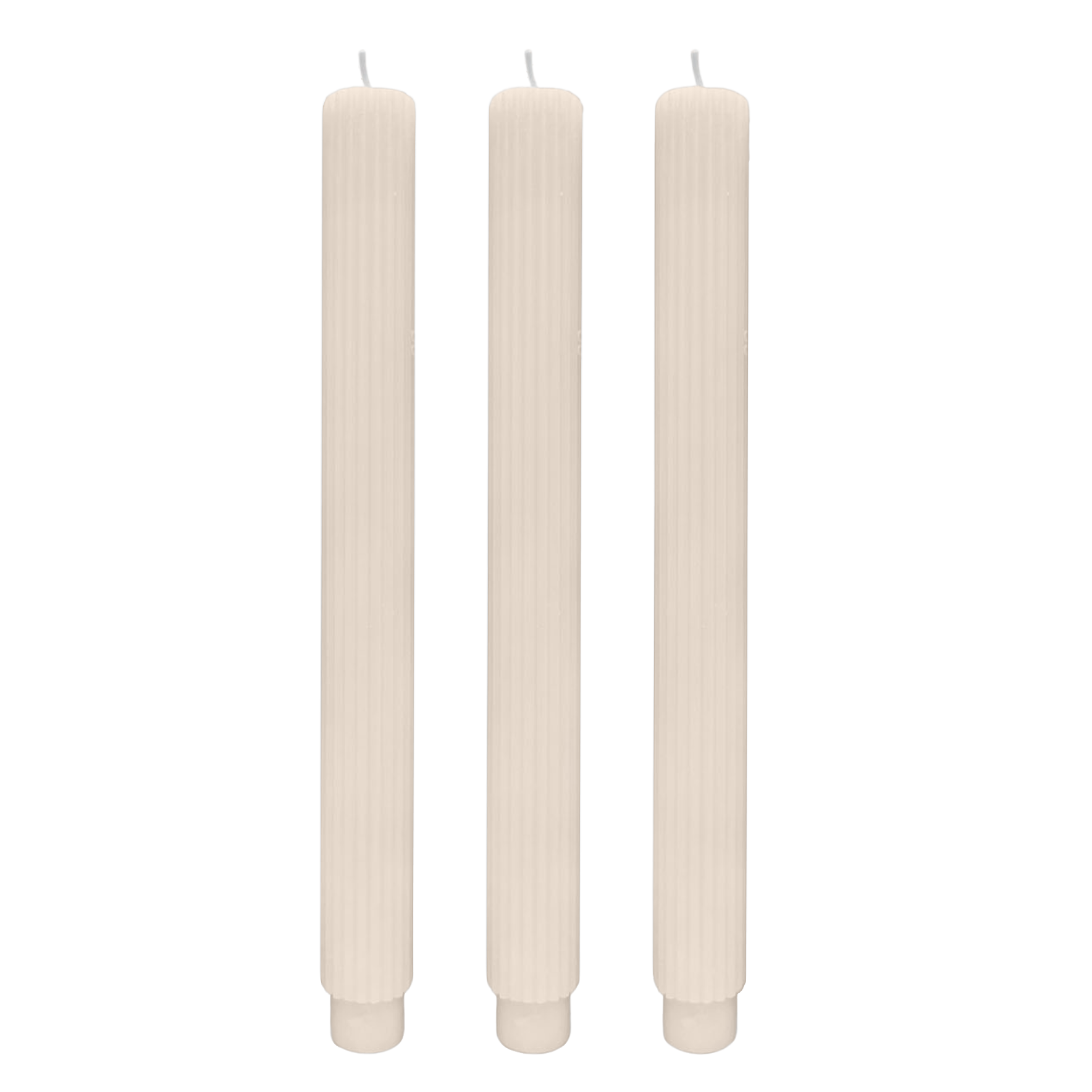 Three beige candles on a white background