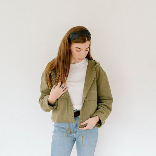 Olive Oversized Snap Button Hoodie Crop Jacket