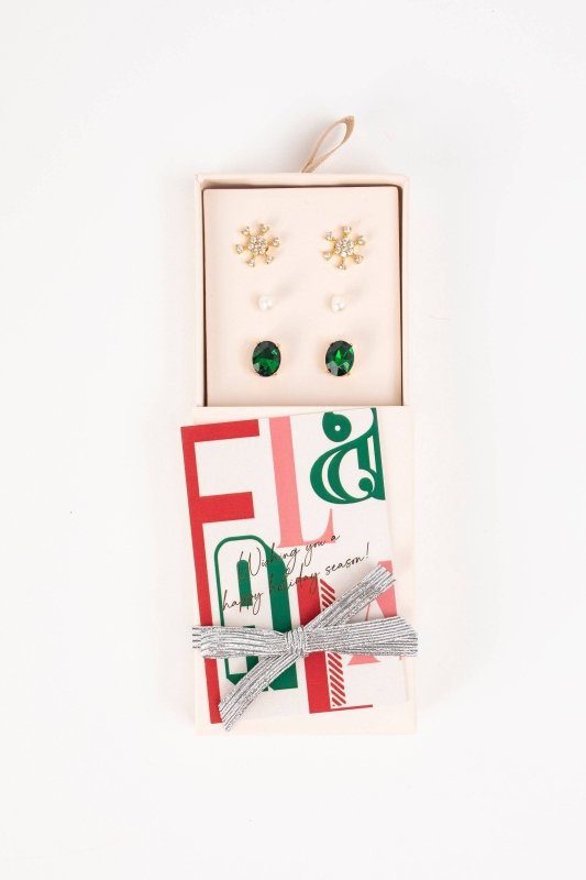 Clara Boxed Holiday Earring Trio - Emerald